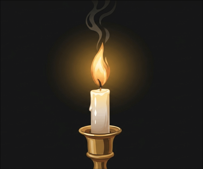 נר בוער עם להבה זוהרת ועשן עדין על רקע כהה. Description generated by AI