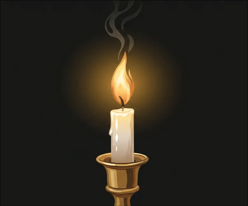 נר דולק עם להבה בוערת ועשן עדין על רקע כהה. Description generated by AI