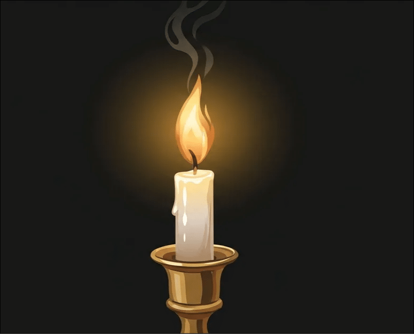 נר דולק עם להבה בוערת ועשן עדין על רקע כהה. Description generated by AI