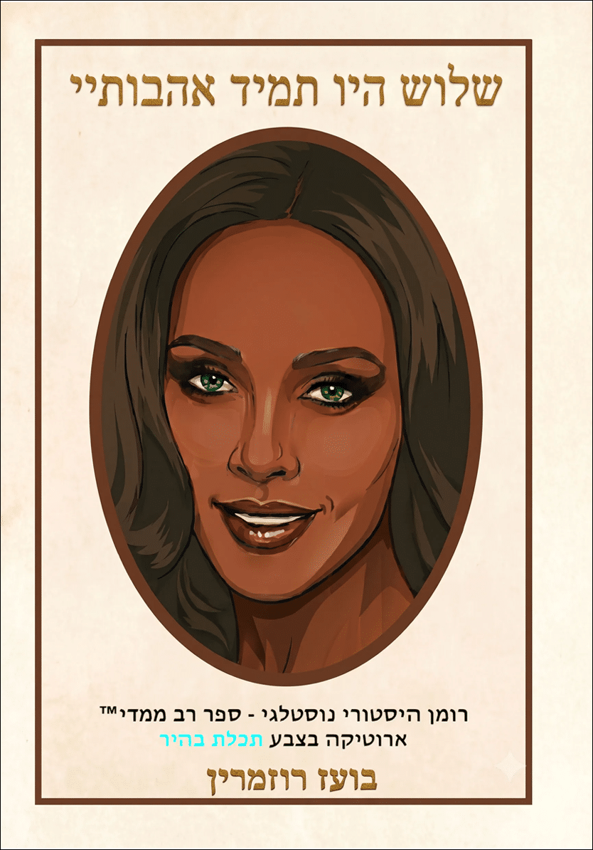 דיוקן מצויר של אדם עם שיער ארוך וחום, מחייך, מוקף בטקסט בעברית הכולל כותרת גדולה בראש התמונה. Description generated by AI