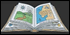 ספר פתוח עם איורים צבעוניים של שמש, נוף, מפה וציור של אוסטרליה. Description generated by AI