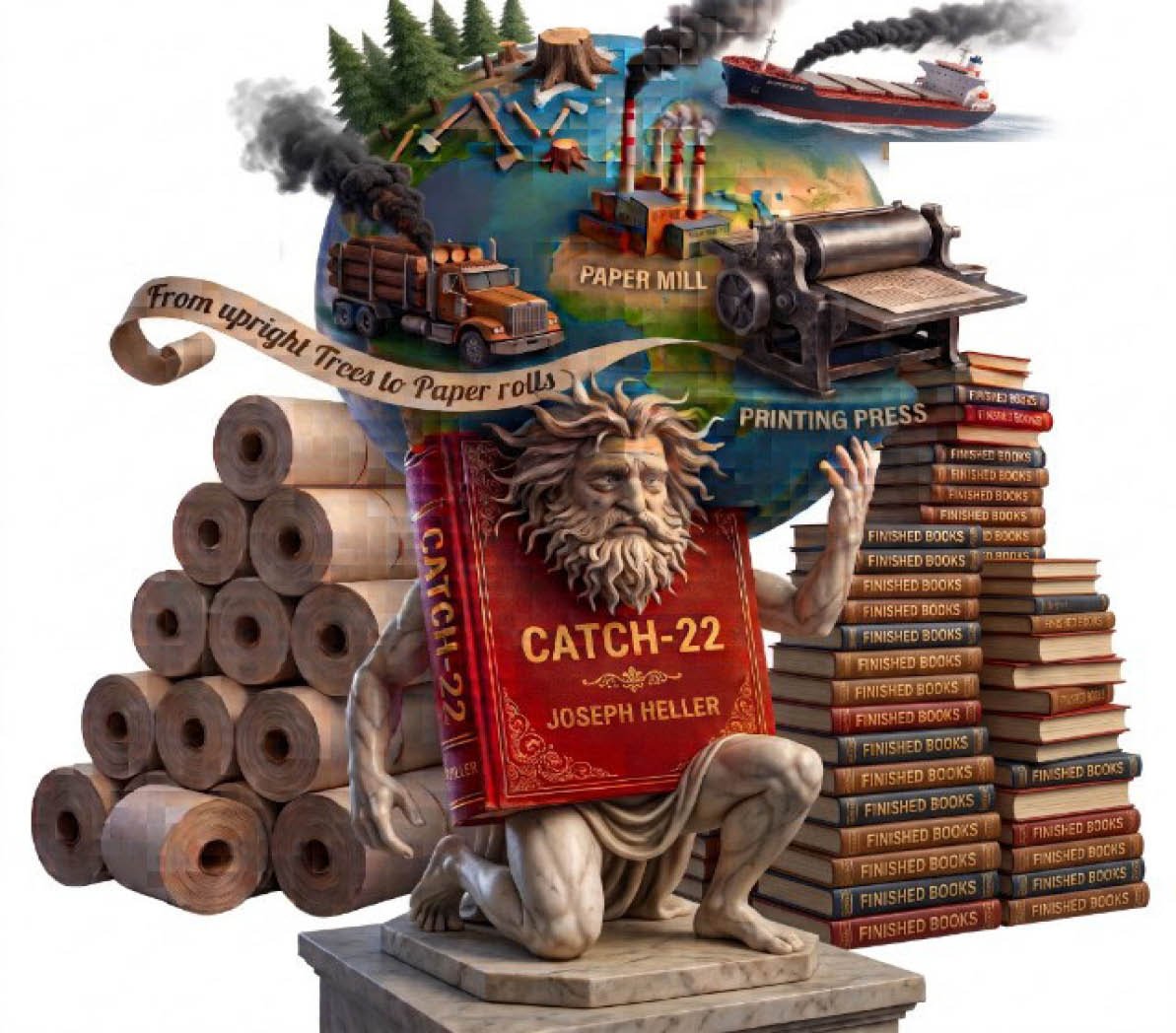 פסל של דמות עם ספר גדול על הגוף שכותרתו “Catch-22" עומד בין גלילי נייר ומגדלים של ספרים גמורים, כשהעולם מאחוריו מציג תהליך הפיכת עצים לנייר ולספרים באמצעות משאית, מפעל נייר, מדפסת ואונייה. Description generated by AI
